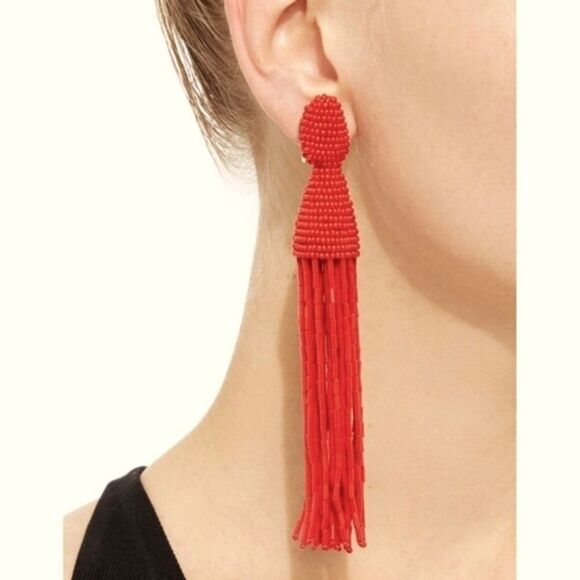 New Oscar De La Renta Red Long Beaded Tassel Earrings Clip On Chandelier Drop - Picture 1 of 9
